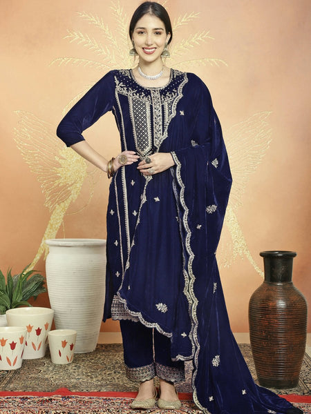 Aastha Fashion Women's Navy Blue Velvet Cording with Resham Thread & Sequin Kurta with Trouser & Dupatta - Distacart