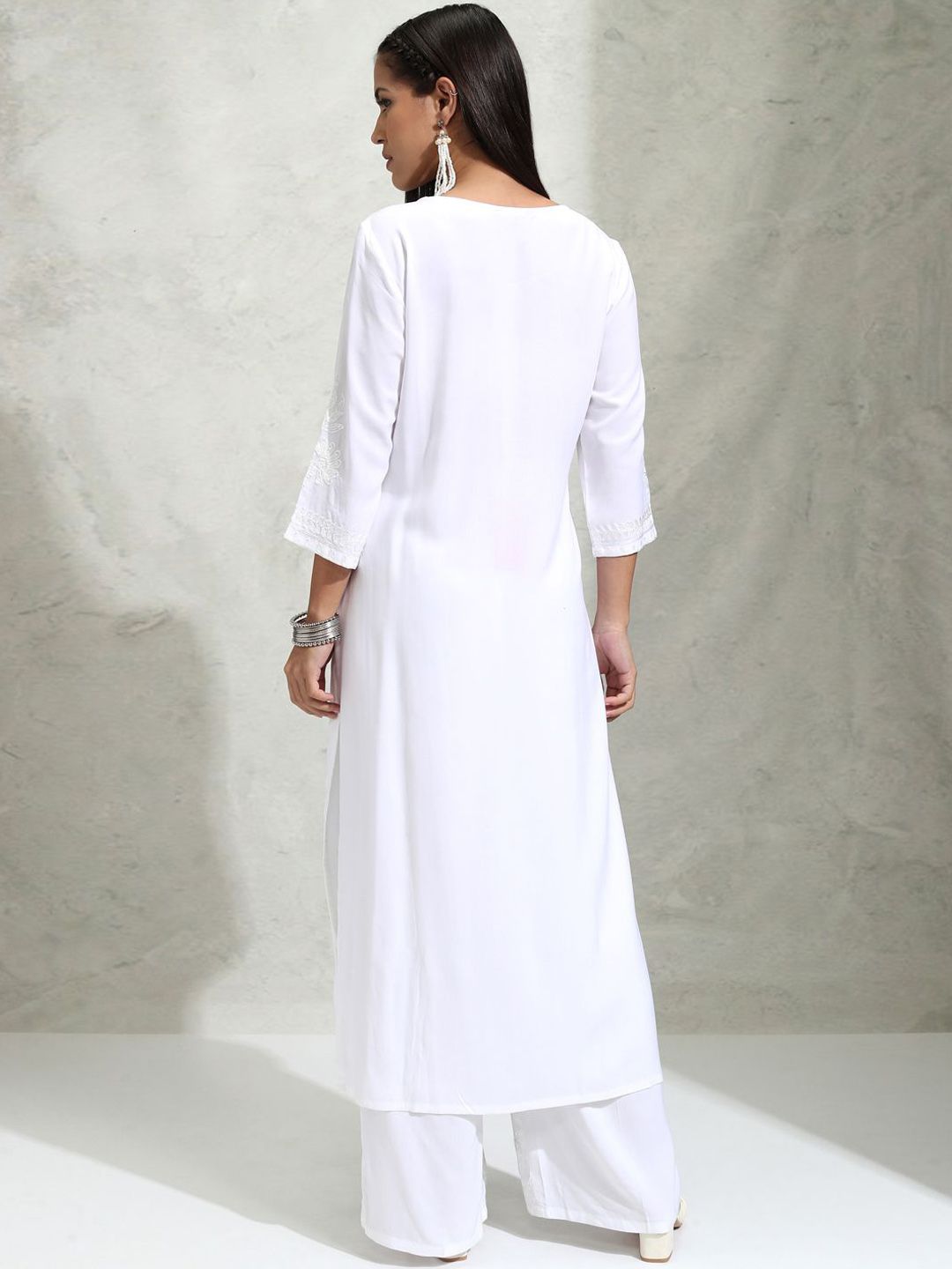Vishudh White Floral Embroidered Thread Work Straight Kurta With Palazzos - Distacart
