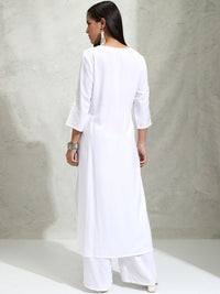 Thumbnail for Vishudh White Floral Embroidered Thread Work Straight Kurta With Palazzos