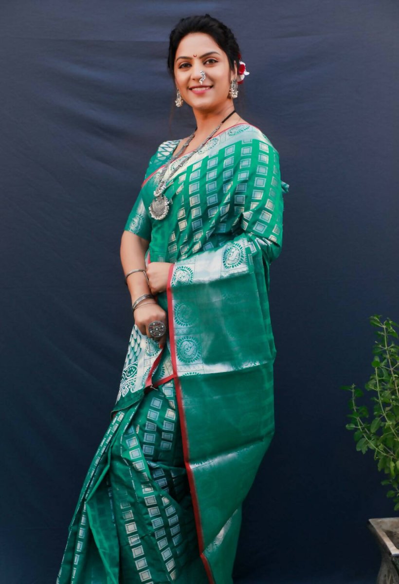 Aastha Fashion Teal Woven Kanchipuram Silk Saree with Blouse - Distacart