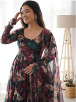 Thumbnail for NOZ2TOZ Women's Flared Georgette Anarkali With Printed Dupatta Set - Black - Distacart