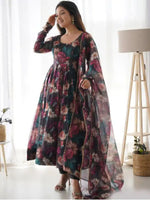 Thumbnail for NOZ2TOZ Women's Flared Georgette Anarkali With Printed Dupatta Set - Black - Distacart