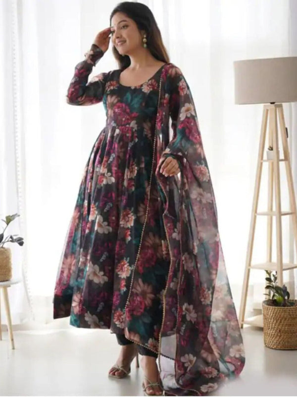 NOZ2TOZ Women's Flared Georgette Anarkali With Printed Dupatta Set - Black - Distacart