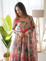 Thumbnail for NOZ2TOZ Flared Floral Printed Georgette Anarkali With Printed Dupatta Set For Women - Red - Distacart