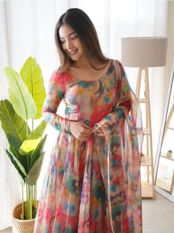 NOZ2TOZ Flared Floral Printed Georgette Anarkali With Printed Dupatta Set For Women - Red - Distacart