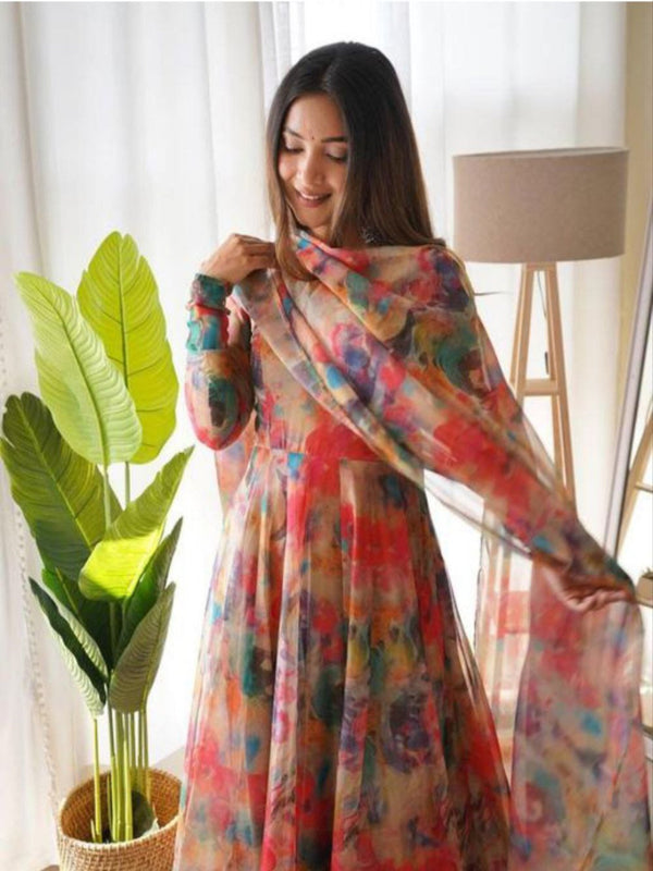 NOZ2TOZ Flared Floral Printed Georgette Anarkali With Printed Dupatta Set For Women - Red - Distacart