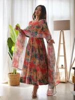 Thumbnail for NOZ2TOZ Flared Floral Printed Georgette Anarkali With Printed Dupatta Set For Women - Red - Distacart