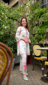 Thumbnail for NOZ2TOZ Women V Neck Knee Length 3/4 Sleeves Rayon Floral Printed Co-Ords Set - White