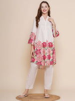 Thumbnail for NOZ2TOZ Floral Printed Knee Length V Neck 3/4 Sleeves Co-Ords Set For Women - White - Distacart