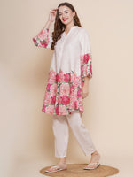 Thumbnail for NOZ2TOZ Floral Printed Knee Length V Neck 3/4 Sleeves Co-Ords Set For Women - White - Distacart