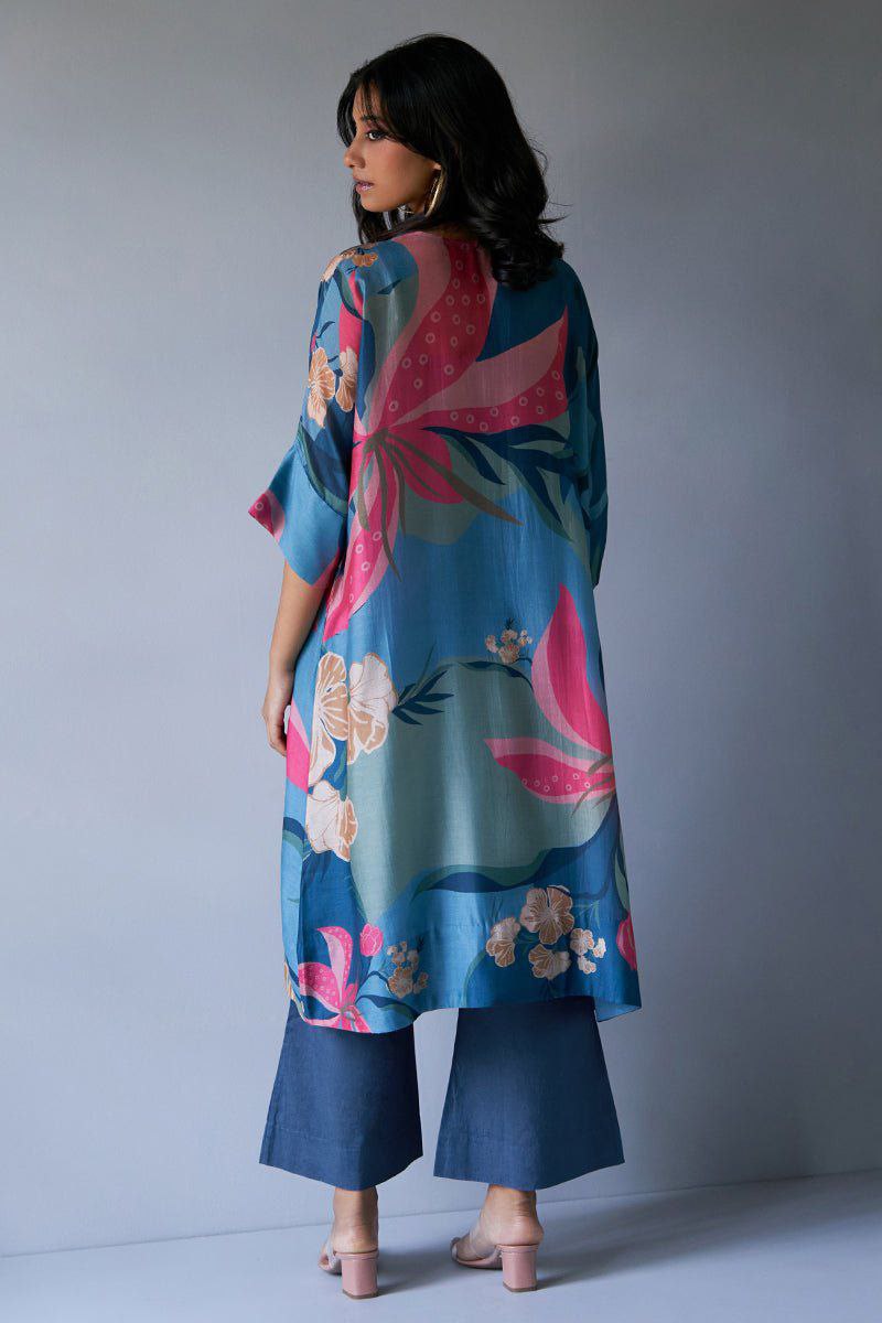 NOZ2TOZ Women's Floral Printed Knee Length Rayon Kurti And Palazzo Set - Blue