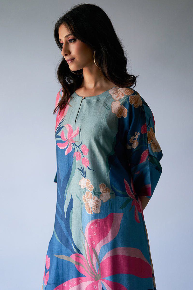 NOZ2TOZ Women's Floral Printed Knee Length Rayon Kurti And Palazzo Set - Blue