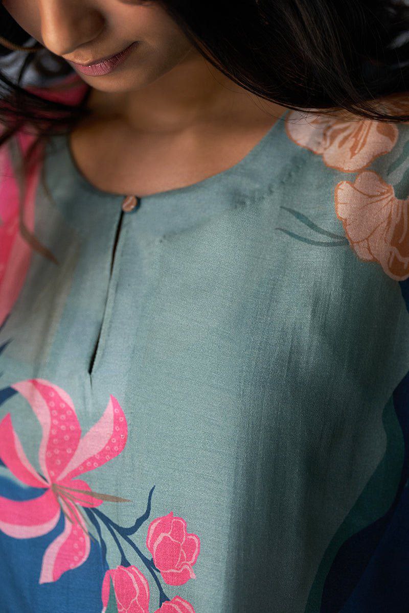 NOZ2TOZ Women's Floral Printed Knee Length Rayon Kurti And Palazzo Set - Blue - Distacart