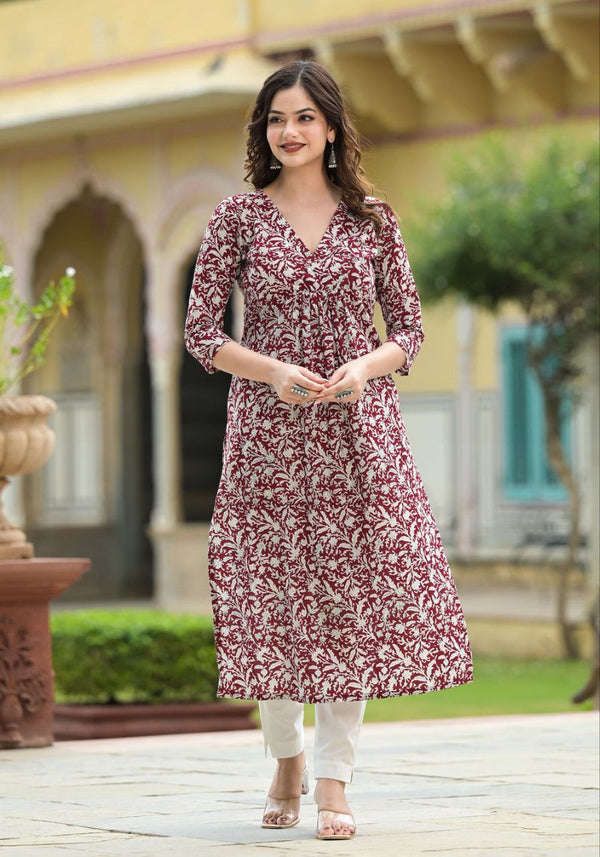 NOZ2TOZ Floral Printed Flared Knee Length Rayon Kurti For Women - Maroon - Distacart