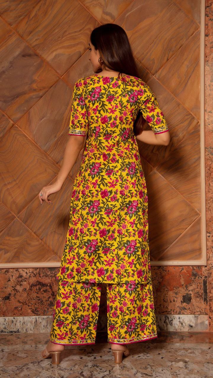 NOZ2TOZ Women Floral Printed Knee Length Elbow Length Sleeves Round Neck Kurti And Palazzo Set With Net Dupatta - Mustard - Distacart