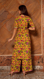 Thumbnail for NOZ2TOZ Women Floral Printed Knee Length Elbow Length Sleeves Round Neck Kurti And Palazzo Set With Net Dupatta - Mustard - Distacart