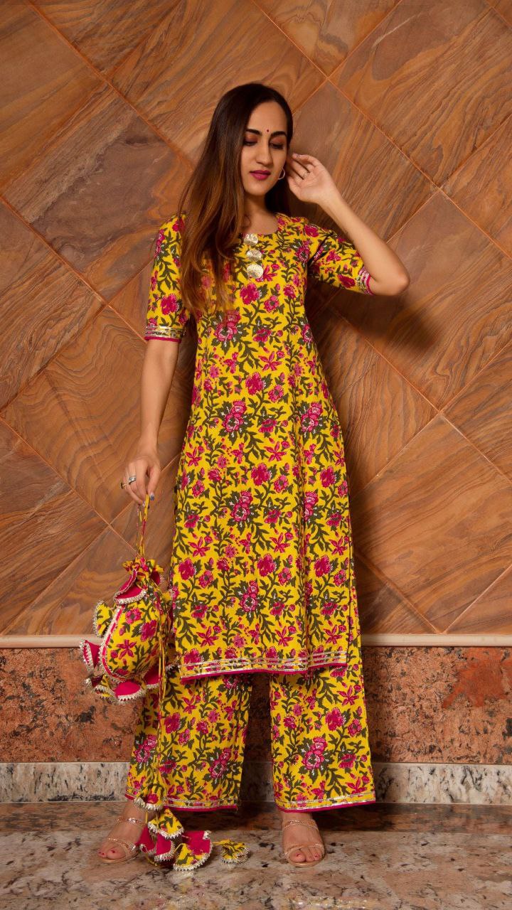 NOZ2TOZ Women Floral Printed Knee Length Elbow Length Sleeves Round Neck Kurti And Palazzo Set With Net Dupatta - Mustard - Distacart