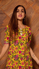 Thumbnail for NOZ2TOZ Women Floral Printed Knee Length Elbow Length Sleeves Round Neck Kurti And Palazzo Set With Net Dupatta - Mustard - Distacart