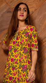 Thumbnail for NOZ2TOZ Women Floral Printed Knee Length Elbow Length Sleeves Round Neck Kurti And Palazzo Set With Net Dupatta - Mustard - Distacart