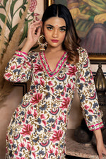 Thumbnail for NOZ2TOZ Women Floral Printed Knee Length V Neck 3/4 Sleeves Kurti And Pant Set With Net Dupatta - White - Distacart