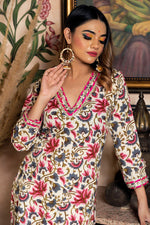 Thumbnail for NOZ2TOZ Women Floral Printed Knee Length V Neck 3/4 Sleeves Kurti And Pant Set With Net Dupatta - White - Distacart