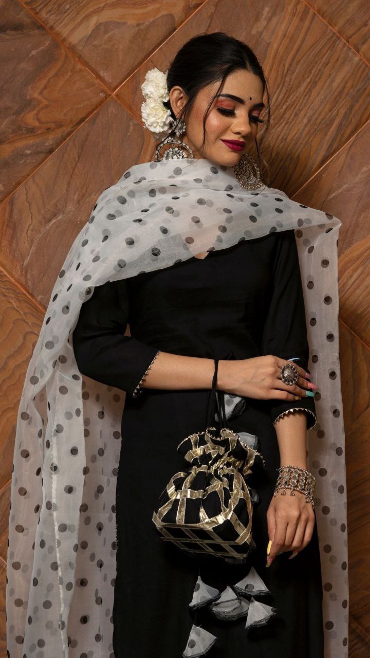 NOZ2TOZ Women's Solid Rayon Kurti And Palazzo Set Woth Printed Organza Dupatta - Black - Distacart