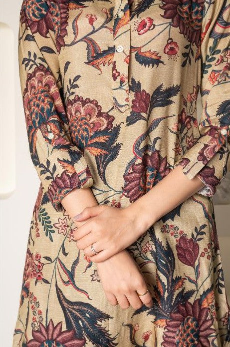 NOZ2TOZ Women Floral Printed Knee Length V Neck Rayon Co-Ords Set - Beige - Distacart