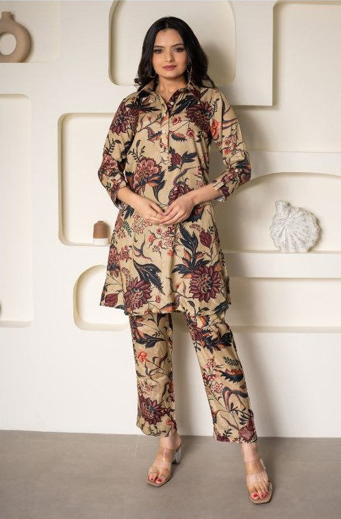 NOZ2TOZ Women Floral Printed Knee Length V Neck Rayon Co-Ords Set - Beige - Distacart