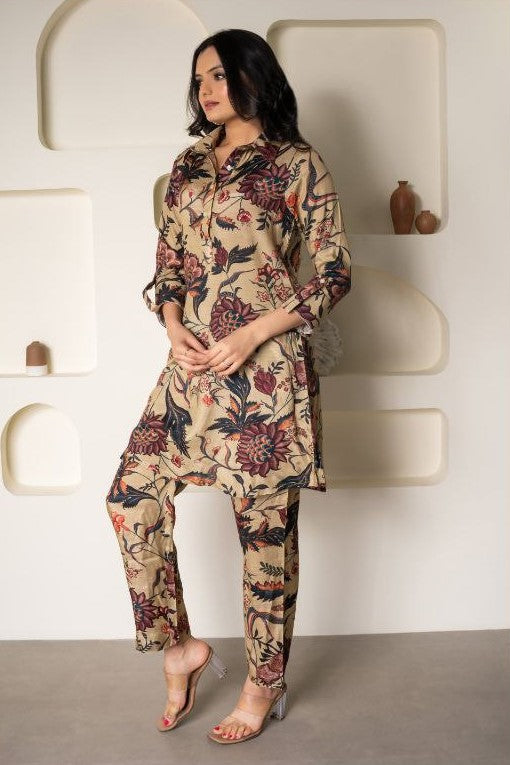 NOZ2TOZ Women Floral Printed Knee Length V Neck Rayon Co-Ords Set - Beige - Distacart