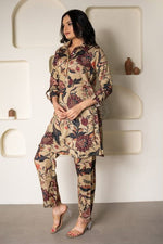 Thumbnail for NOZ2TOZ Women Floral Printed Knee Length V Neck Rayon Co-Ords Set - Beige - Distacart