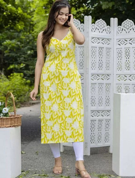 NOZ2TOZ Women's Floral Printed Knee Length V Neck Sleeveless Rayon Kurti - Yellow - Distacart
