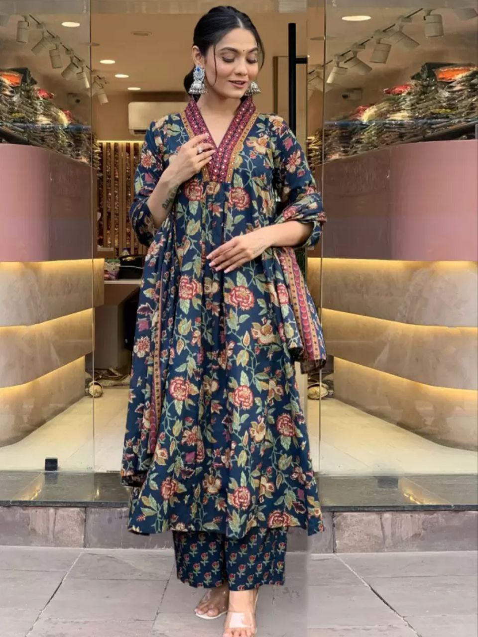 NOZ2TOZ Women Floral Printed Calf Length Flared Anarkali And Palazzo With Printed Dupatta - Blue - Distacart