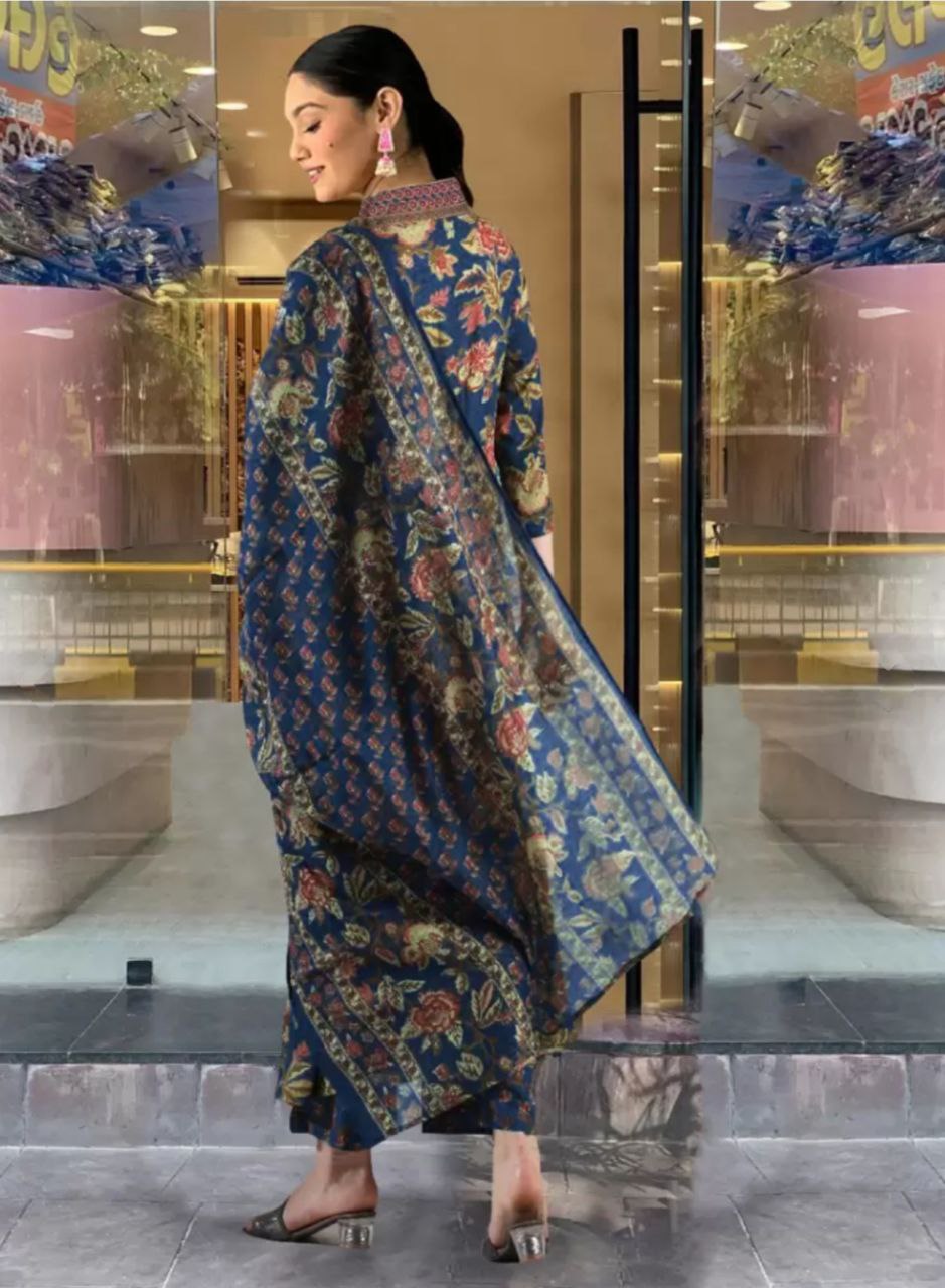 NOZ2TOZ Women Floral Printed Calf Length Flared Anarkali And Palazzo With Printed Dupatta - Blue - Distacart