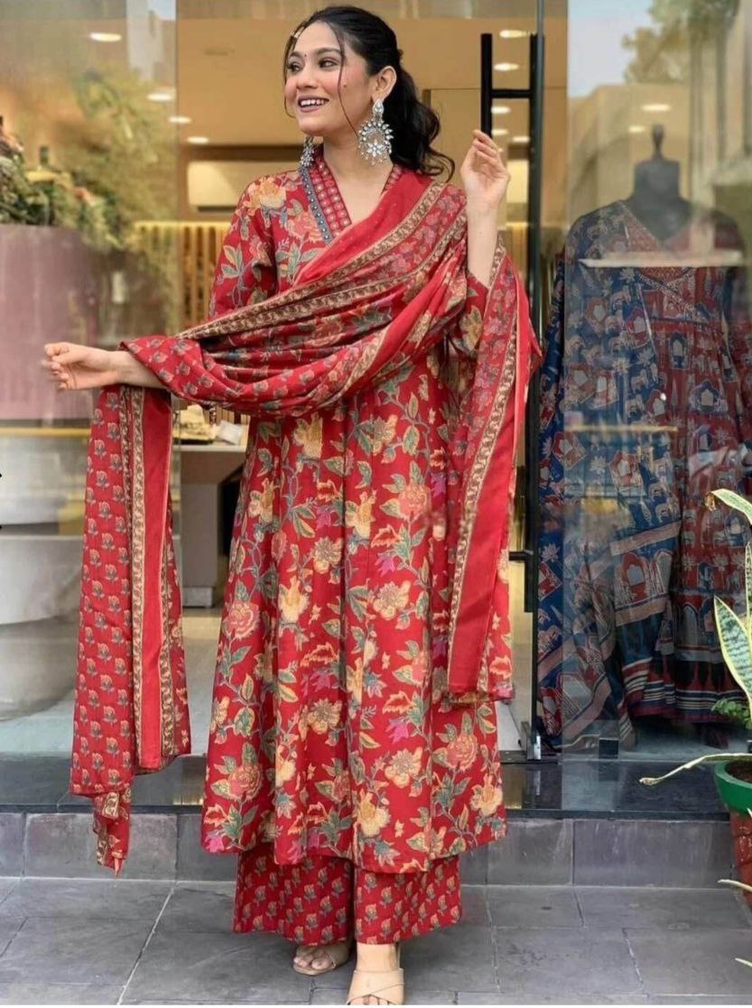 NOZ2TOZ Women Floral Printed Calf Length Flared Anarkali And Palazzo With Printed Dupatta - Maroon - Distacart