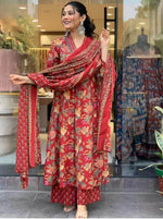 Thumbnail for NOZ2TOZ Women Floral Printed Calf Length Flared Anarkali And Palazzo With Printed Dupatta - Maroon - Distacart