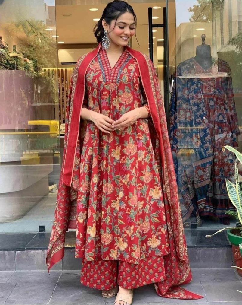 NOZ2TOZ Women Floral Printed Calf Length Flared Anarkali And Palazzo With Printed Dupatta - Maroon - Distacart