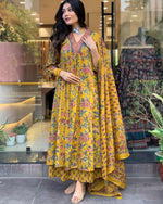 Thumbnail for NOZ2TOZ Women Floral Printed Calf Length Flared Anarkali And Palazzo With Printed Dupatta - Mustard - Distacart