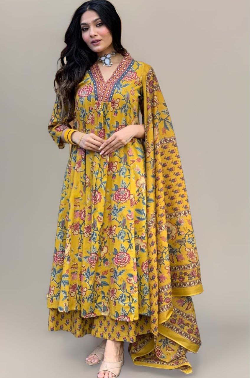NOZ2TOZ Women Floral Printed Calf Length Flared Anarkali And Palazzo With Printed Dupatta - Mustard - Distacart