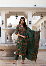 Thumbnail for NOZ2TOZ Women's Knee Length Flared Anarkali Kurti And Pant Set With Printed Dupatta - Green - Distacart