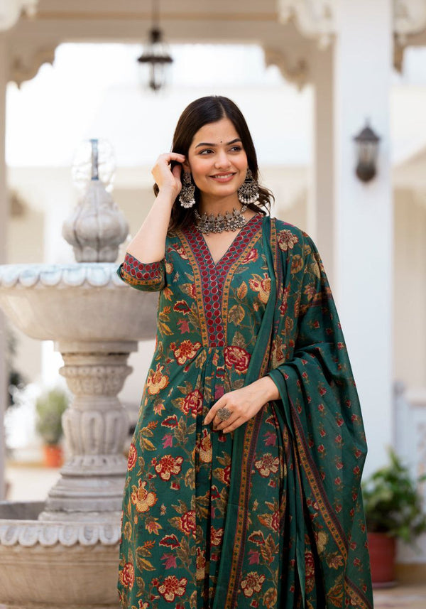 NOZ2TOZ Women's Knee Length Flared Anarkali Kurti And Pant Set With Printed Dupatta - Green - Distacart