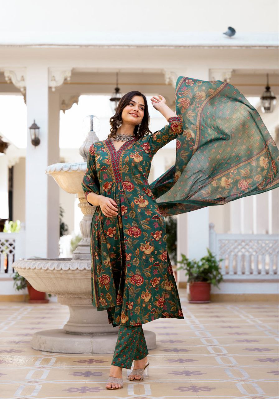 NOZ2TOZ Women's Knee Length Flared Anarkali Kurti And Pant Set With Printed Dupatta - Green - Distacart