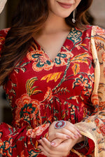Thumbnail for NOZ2TOZ Women's Floral Printed Flared Anarkali Kurti And Palazzo Set With Printed Dupatta - Maroon - Distacart
