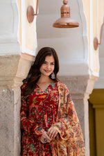 Thumbnail for NOZ2TOZ Women's Floral Printed Flared Anarkali Kurti And Palazzo Set With Printed Dupatta - Maroon - Distacart
