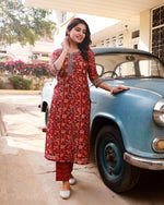 Thumbnail for NOZ2TOZ Women Floral Printed Knee Length V Neck Rayon Kurti And Pant Set With Printed Dupatta - Maroon - Distacart