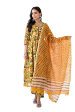 Thumbnail for NOZ2TOZ Women Floral Printed Knee Length Flared Kurti And Pant Set With Printed Cotton Dupatta - Yellow - Distacart