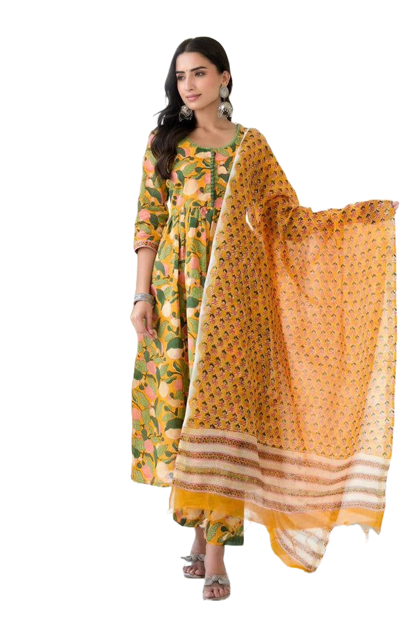 NOZ2TOZ Women Floral Printed Knee Length Flared Kurti And Pant Set With Printed Cotton Dupatta - Yellow - Distacart
