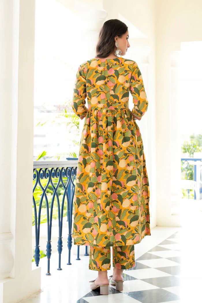 NOZ2TOZ Women Floral Printed Knee Length Flared Kurti And Pant Set With Printed Cotton Dupatta - Yellow - Distacart