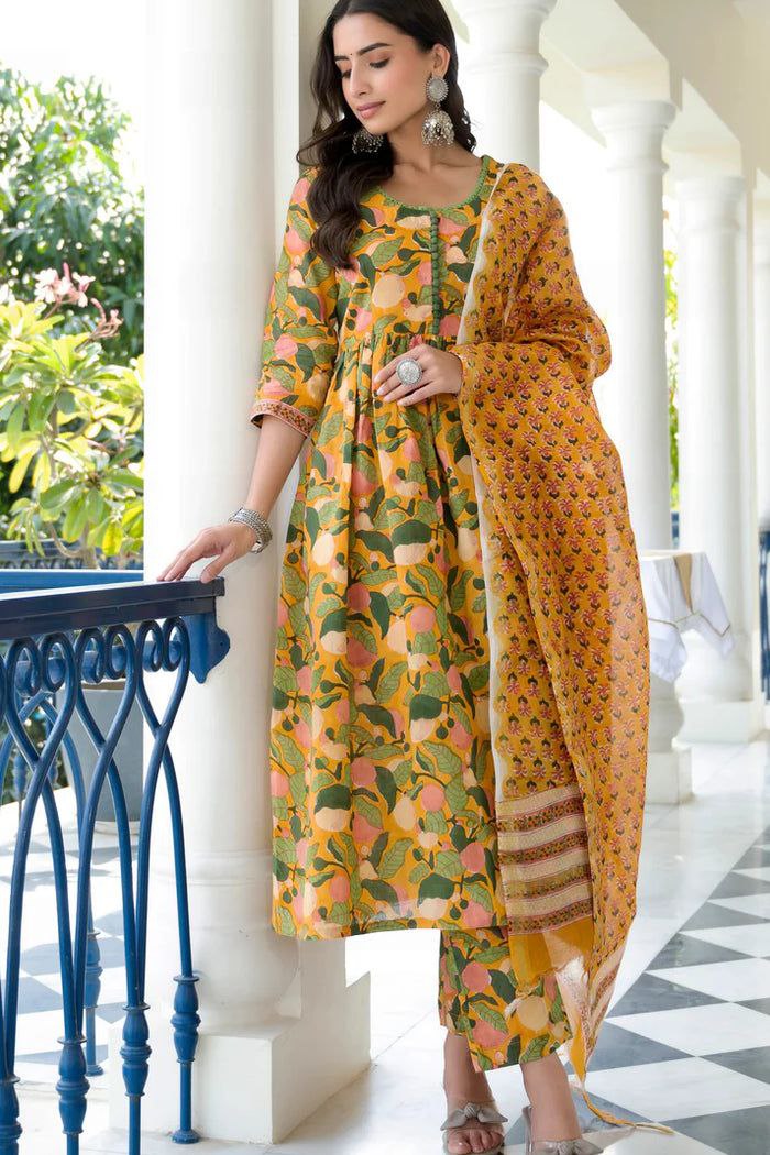 NOZ2TOZ Women Floral Printed Knee Length Flared Kurti And Pant Set With Printed Cotton Dupatta - Yellow - Distacart