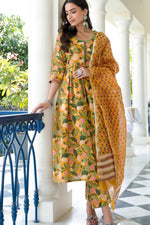 Thumbnail for NOZ2TOZ Women Floral Printed Knee Length Flared Kurti And Pant Set With Printed Cotton Dupatta - Yellow - Distacart