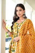 Thumbnail for NOZ2TOZ Women Floral Printed Knee Length Flared Kurti And Pant Set With Printed Cotton Dupatta - Yellow - Distacart